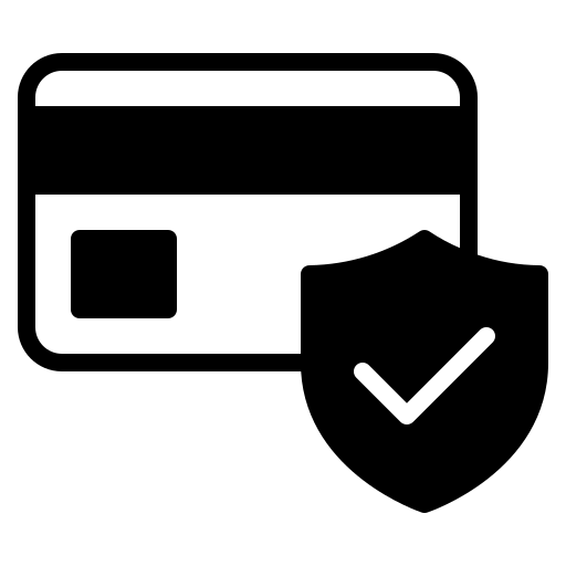 Credit card icon with a security shield and checkmark symbol.