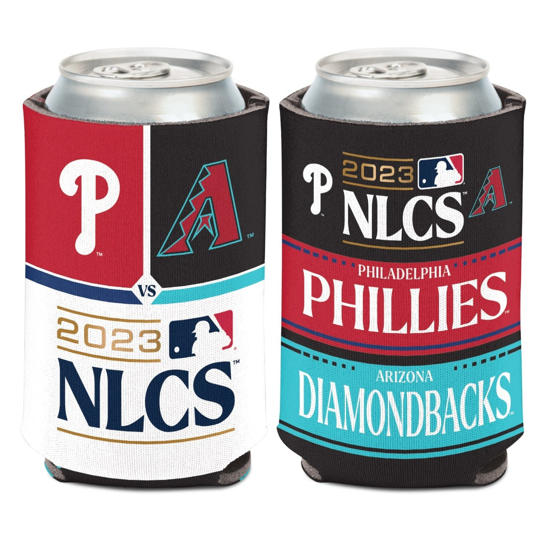Black 12 ounce can koozie. Side one: 2023 NLCS logo and Phillies vs. Diamondbacks logo. Side 2: Philadelphia Phillies and Arizona Diamondbacks wordmark.
