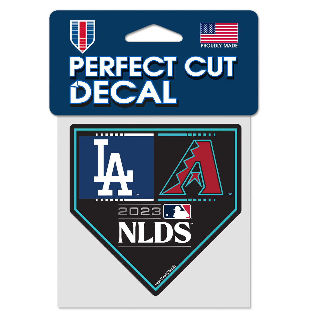 Homeplate shaped decal or sticker. Includes Dodgers and Diamondbacks logos. Also includes the 2023 NLDS logo.