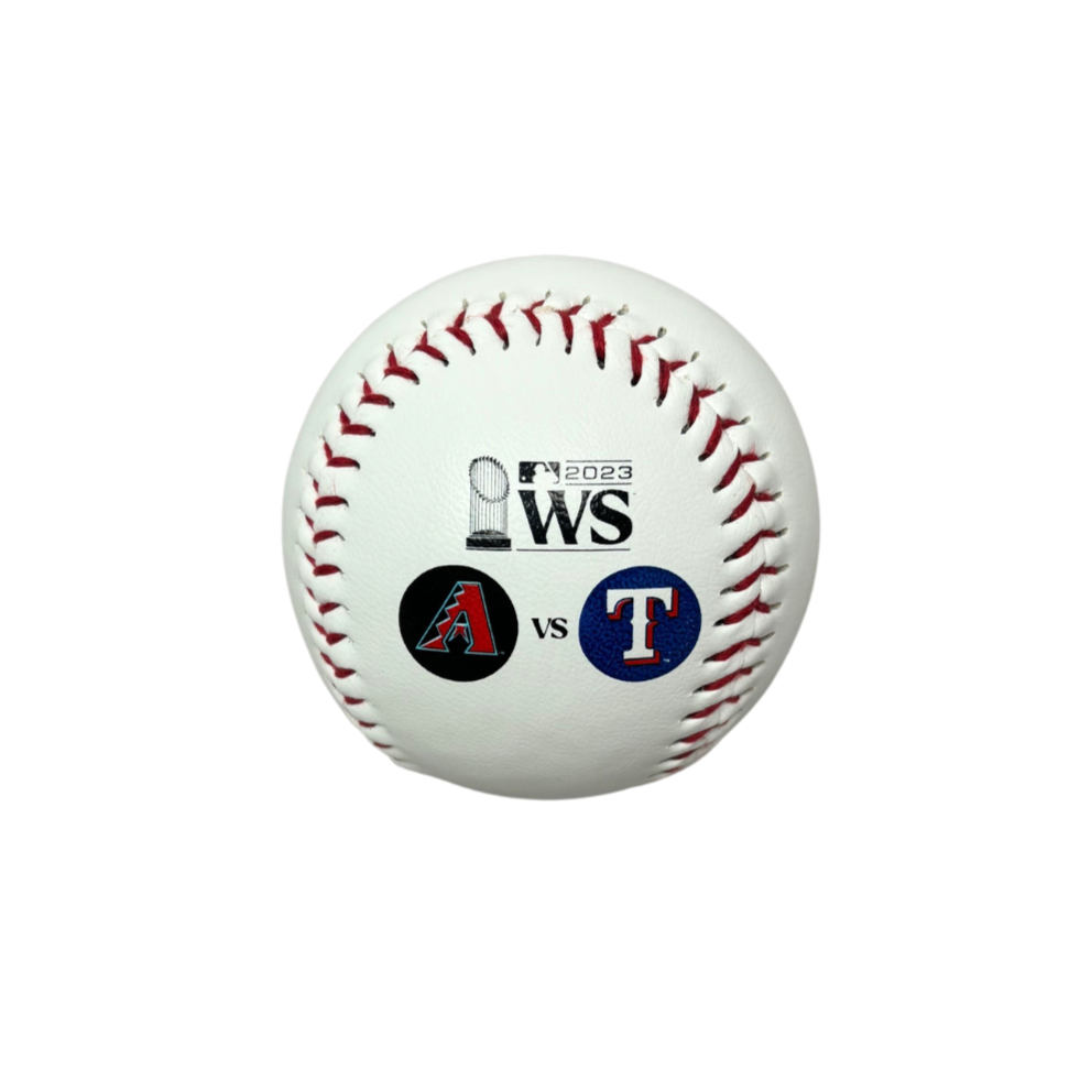 White baseball with 2023 WS logo and trophy. Also includes the A Logo vs. Rangers T logo on one side.