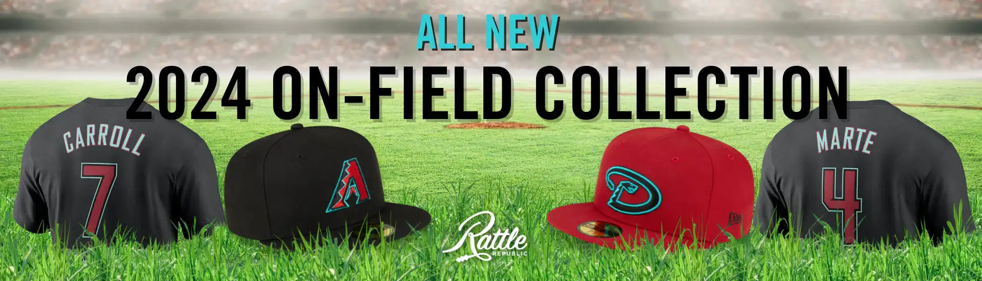 Baseball caps from the 2024 on-field collection featuring team logos and player numbers.