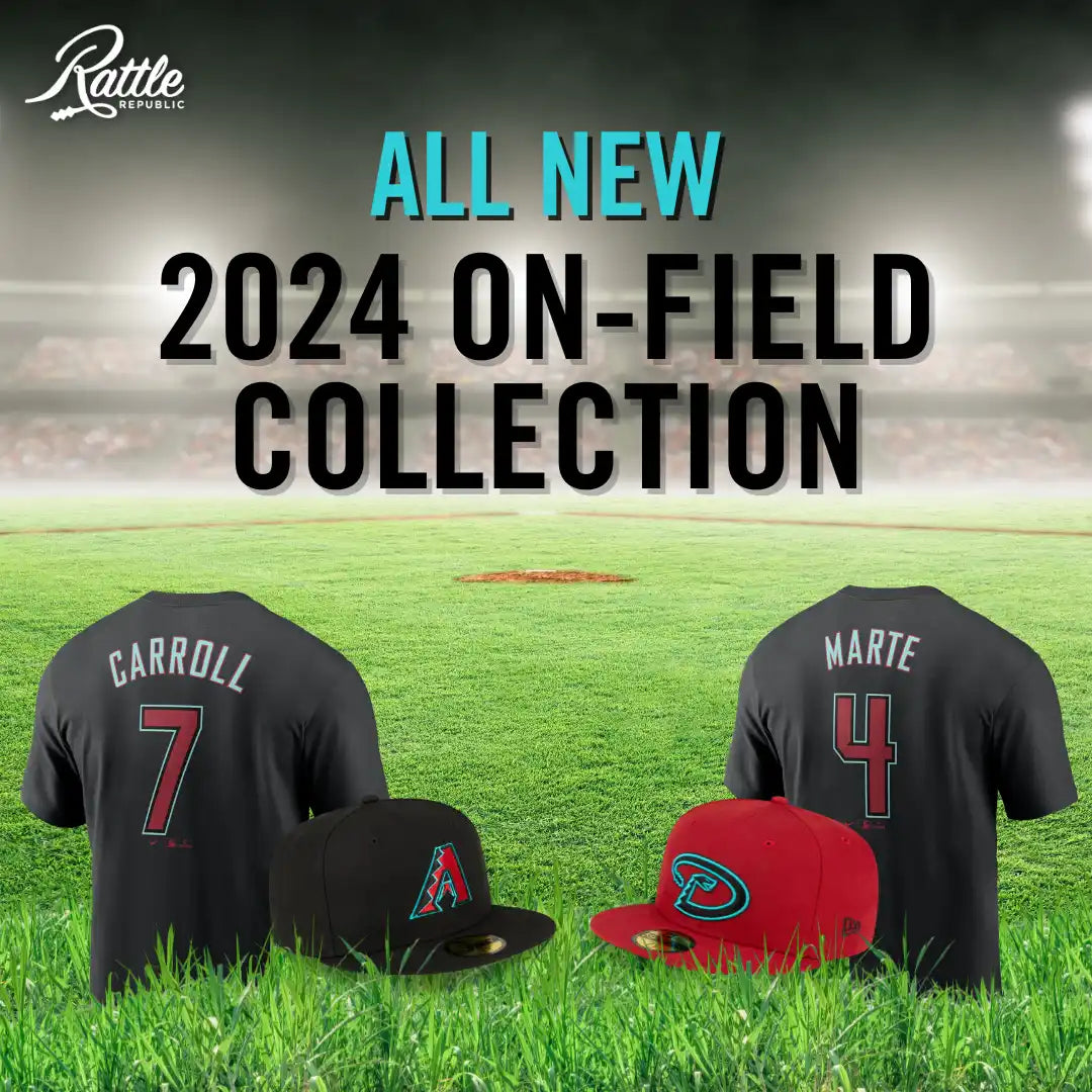 Baseball jerseys and caps showcasing the 2024 on-field collection with player numbers 7 and 4.