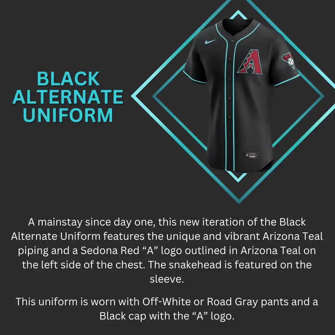 Black baseball jersey with teal piping and Arizona Diamondbacks ’A’ logo.