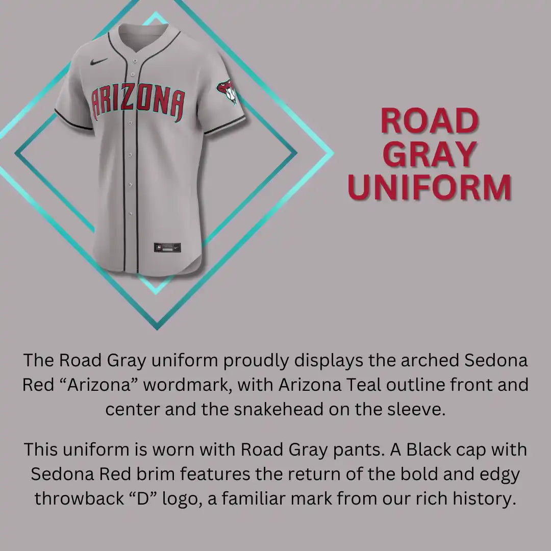 Gray Arizona Diamondbacks baseball jersey with red lettering and teal accents.