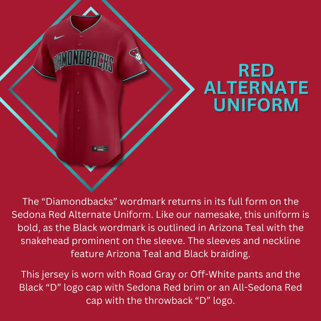 Red Arizona Diamondbacks baseball jersey with teal accents and a snakehead logo.